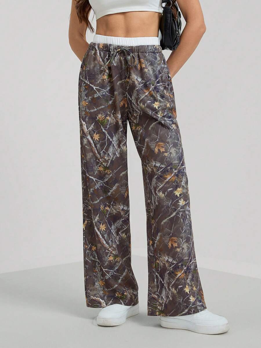 SHEIN Tall Women's Branch Print Drawstring Waist Wide-Leg Casual Pants, Tall Women - Multicolor - View 1