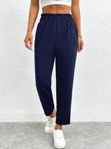 SHEIN PETITE Pantaloni a vita elastica a vita alta e gamba corta, di colore unito, minimalista e di stile