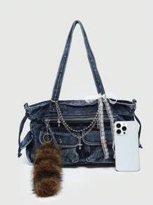 ROMWE Kawaii Bolso de mano de gran capacidad con múltiples bolsillos, en estilo retro desgastado con efecto ombré, decorado con cruz y corazón, y lazo