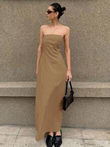 DAZY Solid Sleeveless Dress, Elegant Long Dress For Women, Suitable For Spring And Summer Vacation Sundress Linen - Khaki - View 3
