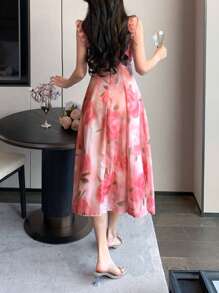 DAZY Knee Length Sleeveless Floral Print Ruffle Hem Square Neck Dress For Women Sundress Vacation Outfits Women - Pink - View 2