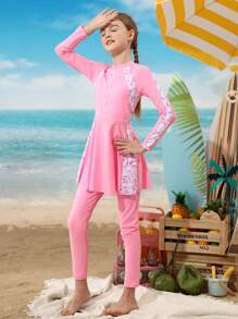 SHEIN Girls' Long Sleeve Leaf Print Zipper Rashguard & Skirt Swimsuit Set, Pink, Sweet & Energetic