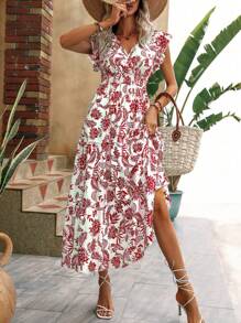 SHEIN Clasi New Floral Print Butterfly Sleeve Ruffle Hem Sexy Bohemian Maxi Swing Dress, Suitable For Vacation & Commute - Red - View 3