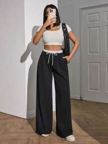 EURMUSE Petite Size Women Extra Belt And Drawstring Detailed Bottom Sweatpant Black Pants - Black - View 6