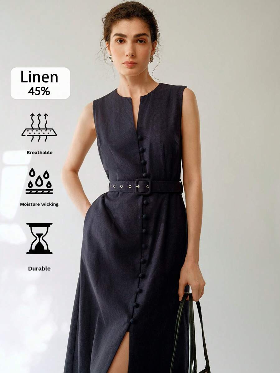 Uhlyne Women's Casual Elegant Sleeveless Linen Midi Dress With Belt - Navy Blue - View 1