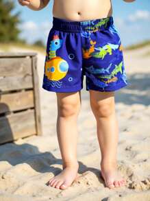 Baby Boy Cute Cartoon Dinosaur Print Elastic Waist Drawstring Swim Trunks, Suitable For Swimming, Camping, Outdoor And Water Sports,Baby Boys Beach Shorts - Blue - View 1