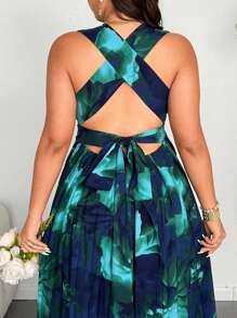 Flirla Vestido de mujer talla grande con escote en V profundo, cuello halter, espalda descubierta, plisado y personalizado, para vacaciones o fiesta, sexy - Azul - Ver 5
