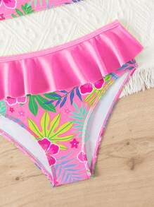 Young Girl's Tropical Print Bikini Set, Beach/Vacation - Pink - View 5