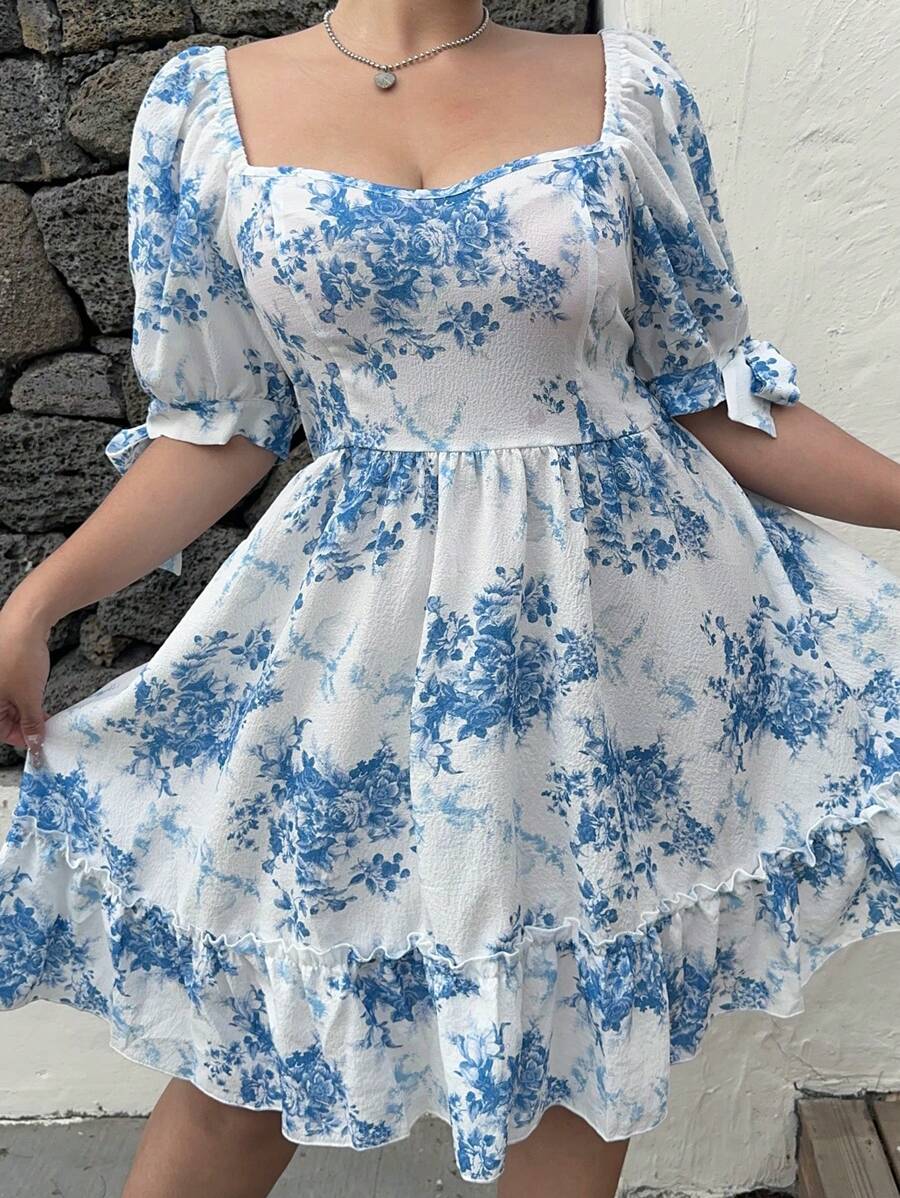 Sunnyshic Plus Size Keyhole Neck Floral Cinched Waist A-Line Dress, Vacation, Sun Dress