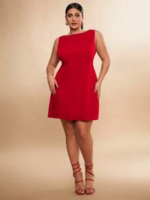 SHEIN BAE Solid Color Round Neck Sleeveless Flared Hem Minimalist Elegant Short Dress,Birthday Dresses For Women - Red - View 7