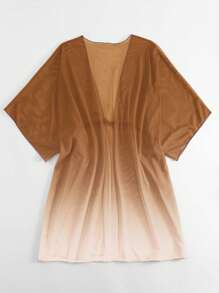 SHEIN Swim Ombre Drawstring Waist Batwing Sleeve Sheer Kimono Cover Up For Vacation & Beach For Summer - Khaki - View 2