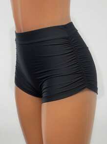 Plain Color Fashionable & Minimalist Swim Bottom With Side Ruched, Swim Shorts For Women, For Summer Beach Vacation - Black - View 1
