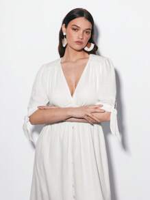 Maija 大码女式夏季波西米亚度假沙滩短袖长裙、全白女装毕业礼服、婚礼宾客礼服、女士沙滩装、外出礼服、女士度假礼服、优雅商务休闲女装、女士演唱会服装 - 白色 - 查看 4