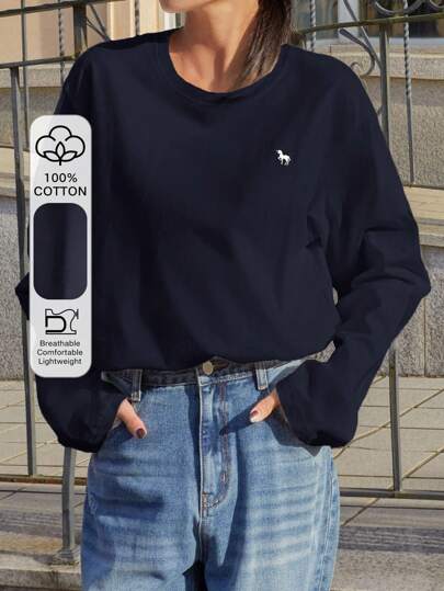 DAZY 字母刺绣落肩T恤，秋季服装长袖女上衣