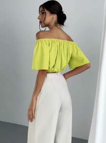 Aloruh Elegantes V-Ausschnitt Pendlerhemd mit freier Schulter, tailliert, kurz - Gelb - Übersicht 2