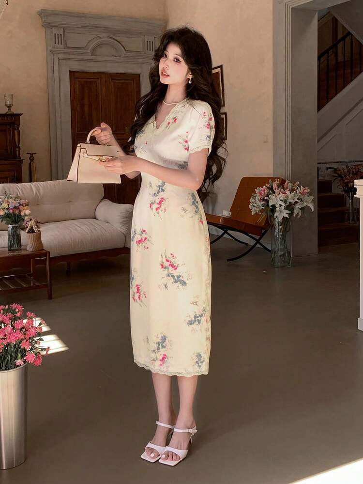 V-Neck Floral Lace Trim Mid-Long Dress For Women Elegant Sundress