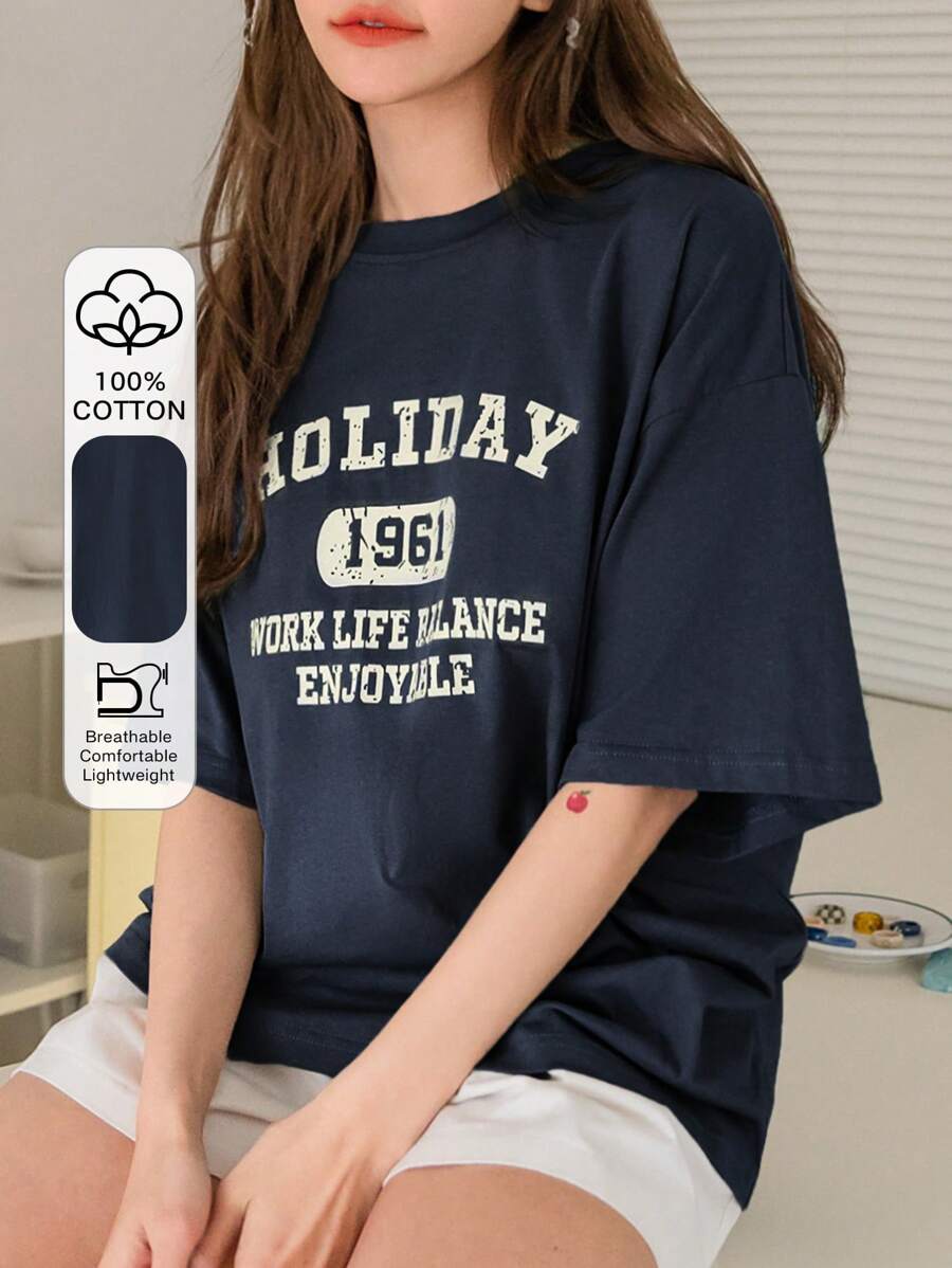 DAZY Letter Graphic Drop Shoulder Tee Summer Oversized T-Shirt - Navy Blue - View 1