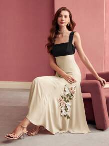 MOTF PREMIUM 方领拼色贴花长裙，情人节装 - 杏色 - 查看 1