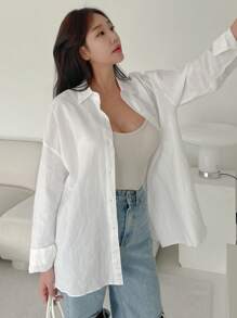 DAZY 纯色纽扣前落肩宽松衬衫，长袖上衣 - 白色 - 查看 6