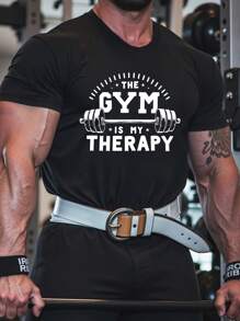 GymBeat 男士哑铃字母印花圆领短袖运动T恤，适合健身房穿着，舒适透气吸湿，男士压缩衣 - 黑色 - 查看 3