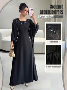 Chiquease Women's Fashionable V-Neck Long Sleeve Pearl Embellished Maxi Dress - Black - View 5