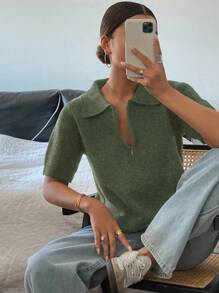 DAZY Women's Fitted Solid Color Polo Collar Zipper Short Sleeve Knit Top,Fall Clothes - Green - View 4