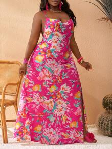 Slaydiva Plus Size Women's Boho Maxi Dress: Pink Floral Print, Sleeveless With Cowl Neck And High Slit - Multicolor - View 7