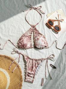 Swim EVENT Spring Break Sexy Bikini Set For Women, New Autumn/Winter Design, Top With Halter Cross-Tied, Bottom With Side-Tie Triangle Bottoms And Ruffle Trim, Random Leopard Print Pattern, European And American Fashion Vibe, Suitable For Music Festivals, Pool Parties, Beach Vacations For Summer