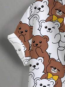 Manfinity Hypemode Chemise décontractée à manches courtes, col simple, imprimé ours de dessin animé pour homme