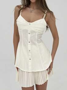 Aloruh 法式优雅荷叶边纽扣腰长吊带背心和纯色褶皱迷你裙 2 件套女士 - 白色 - 查看 2