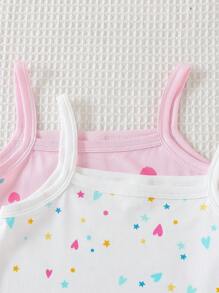 2pcs Young Girl Floral, Star & Heart Print Contrast Trim Camisole With Shorts Pajama Set, Fashionable & Simple Flared Pants Sets Summer Girl Clothes Clothes Summer Holiday Travel Releax Summer Clothes - Multicolor - View 8