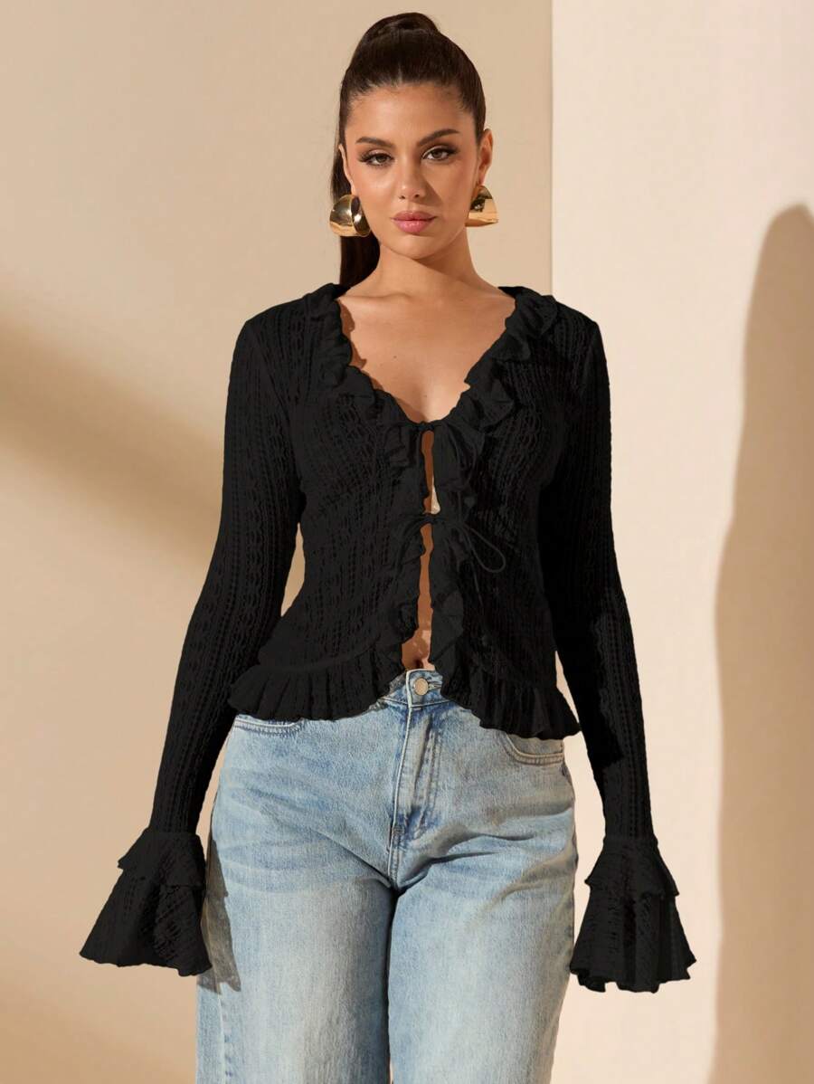 SHEIN BAE 杏色蕾丝上衣，系带细节，荷叶边下摆，甜美性感，适合春季、夏季、情人节、派对、约会、伴娘、通勤、生日 - 黑色 - 查看 1