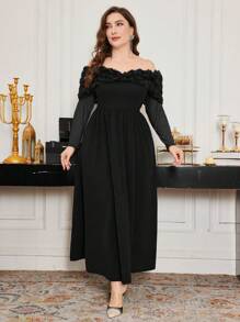Modelyn Plus Size Women 3D Rose Flower Splice Off Shoulder Long Sleeve Dress, Cinched Waist Design, Elegant And Slimming