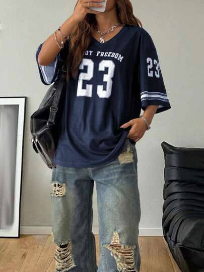 SHEIN x Ludmilla Coolane Women's Summer Drop Shoulder Oversized V-Neck Football Jersey T-Shirt With Letter Print,Couple Same Style