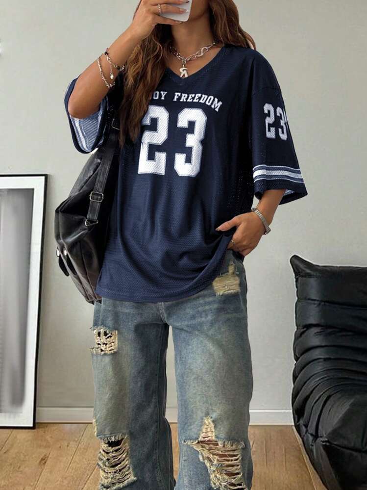 Coolane Women's Summer Drop Shoulder Oversized V-Neck Football Jersey T-Shirt With Letter Print,Couple Same Style - Navy Blue - View 1