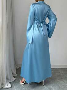 Elenzga Baby Blue Stretchy Faux Silk Satin Funnel Neck Long Flare Sleeve Wide Hem Dress Maxi Women Outfit - Blue - View 2