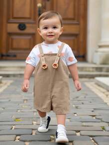 SHEIN 2 件套男婴/女婴可爱熊图案宽松圆领针织上衣 T 恤和短裤套装，休闲装，适合春夏季 - 卡其色 - 查看 1