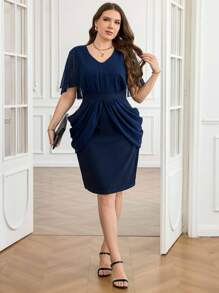 Ellevyn Vestido midi de línea A con cuello en V, de talla grande, elegante, de lunares, con parches de malla y cintura ceñida, de manga corta