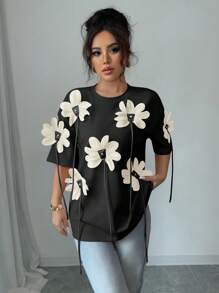 Chiquease Women's Elegant 3D Floral Print Short Sleeve T-Shirt, Valentine's Day - Black - View 3