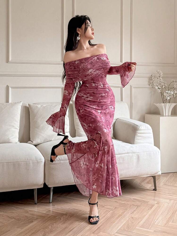 Women Off-Shoulder Long Sleeve Fitted Midi Dress, Minimalist & Fashionable Floral Elegant,Ruffle,Fall Dress Easter