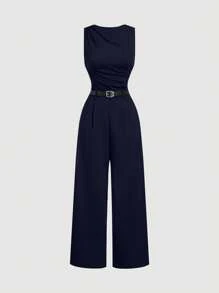 SHEIN MOD 1pc Women's Navy Pleated Wide Leg Loose Jumpsuit With Belt, Casual Style, , - Navy Blue - View 1