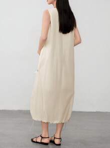 DAZY Women's Linen Minimalistic Tie-Up Slit A-Line Sleeveless Midi Dress Old Money Style,Casual Women Dresses Business Casual Woman Work Clothes - Beige - View 5