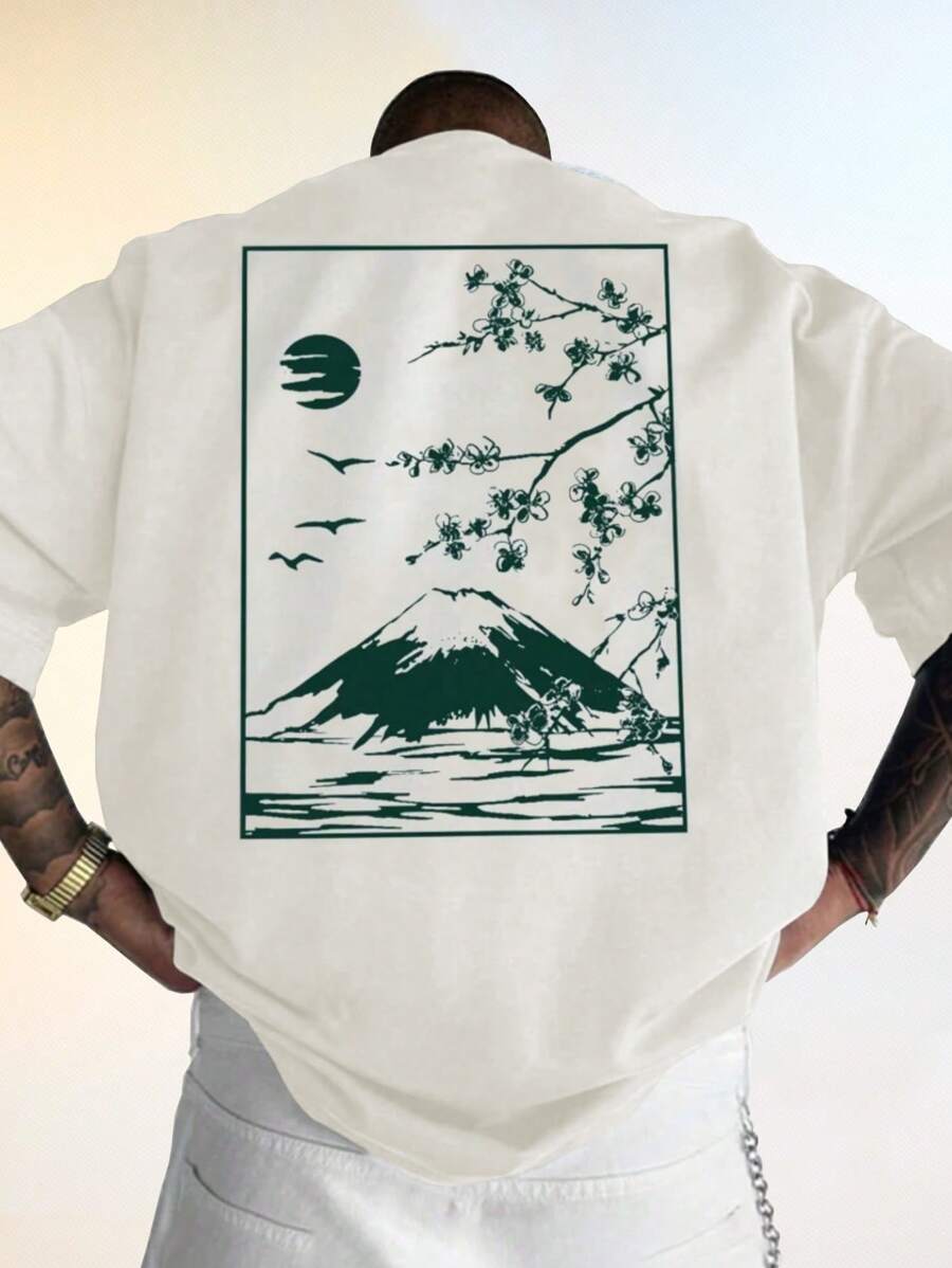 EASEVO Plus Size Men's White Loose Knit Printed Crew Neck Short Sleeve Vintage T-Shirt, Summer - White - View 1