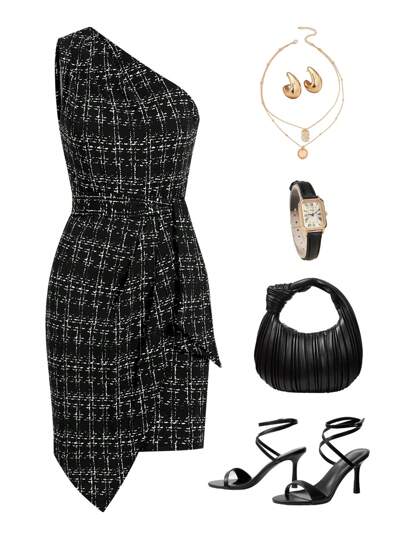 SHEIN Clasi Elegant Women's Plaid Tweed Print One Shoulder Pleated Lace Up Pleated Hem Wrap Dress, Suitable For Various Occasions And Seasons