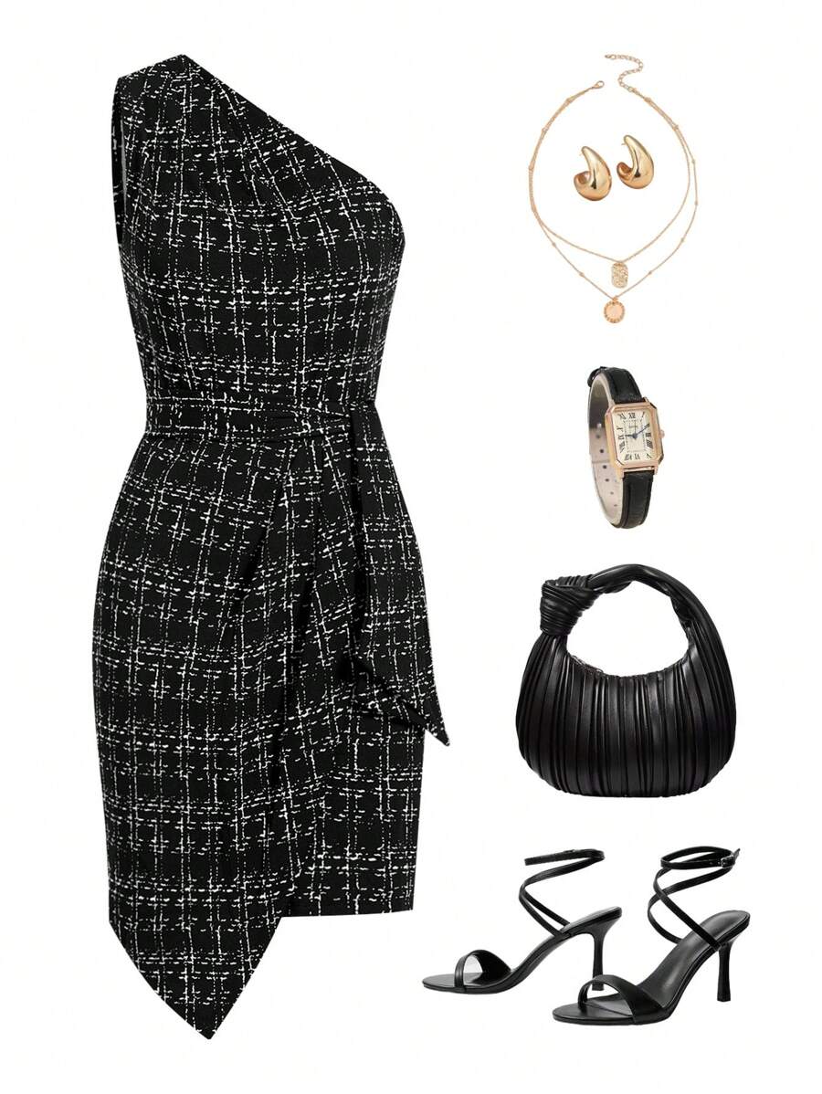 SHEIN Clasi 优雅女士格子粗花呢印花单肩褶皱系带褶皱下摆裹身连衣裙，适合各种场合和季节 - 黑與白 - 查看 1