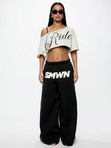 SUMWON WOMEN Off Shoulder Rider Crop Tee Urban Street Style Fashion Asymmetric Graphic Text Top Summer Festival Casual Wear - Light Grey - View 3