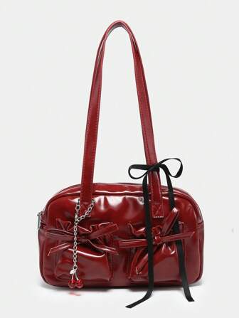 Kawaii Retro Cute Plaid Bow Strap Cherry Heart Decor Shoulder Underarm Bag With Multiple Pockets, Boston Style Crossbody Bag For Women