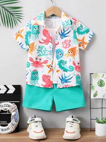 SHEIN 男小童卡通圖案街頭風休閒度假常規翻領短袖2入組/套適合夏天 - 彩色 - 查看 3