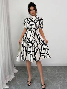 Elenzga 春夏新款优雅休闲收腰花卉印花荷叶边领泡泡袖 A 字型中长连衣裙 - 彩色 - 查看 3