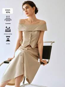 Uhlyne 休闲露肩亚麻套装，长裙，适合高个子女性，春夏 - 杏色 - 查看 9